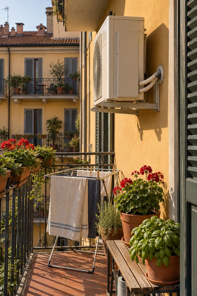 Unità esterna di climatizzatore su un balcone milanese con gerani e stendino