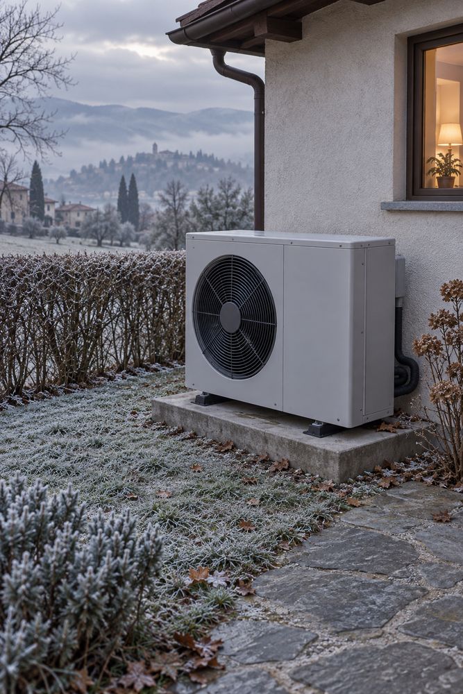 Pompa di calore esterna accanto a una casa in una mattina d'inverno con la brina sul prato