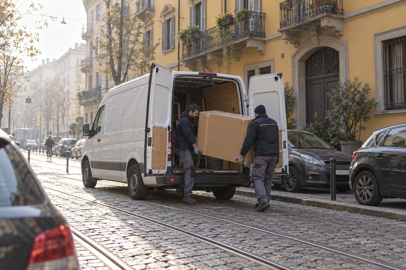 Due tecnici scaricano un climatizzatore imballato da un furgone in una via di Milano
