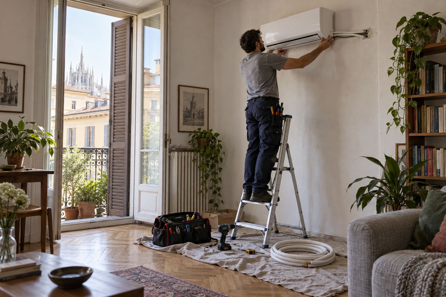 Tecnico su una scala che installa un climatizzatore a parete in un soggiorno di Milano