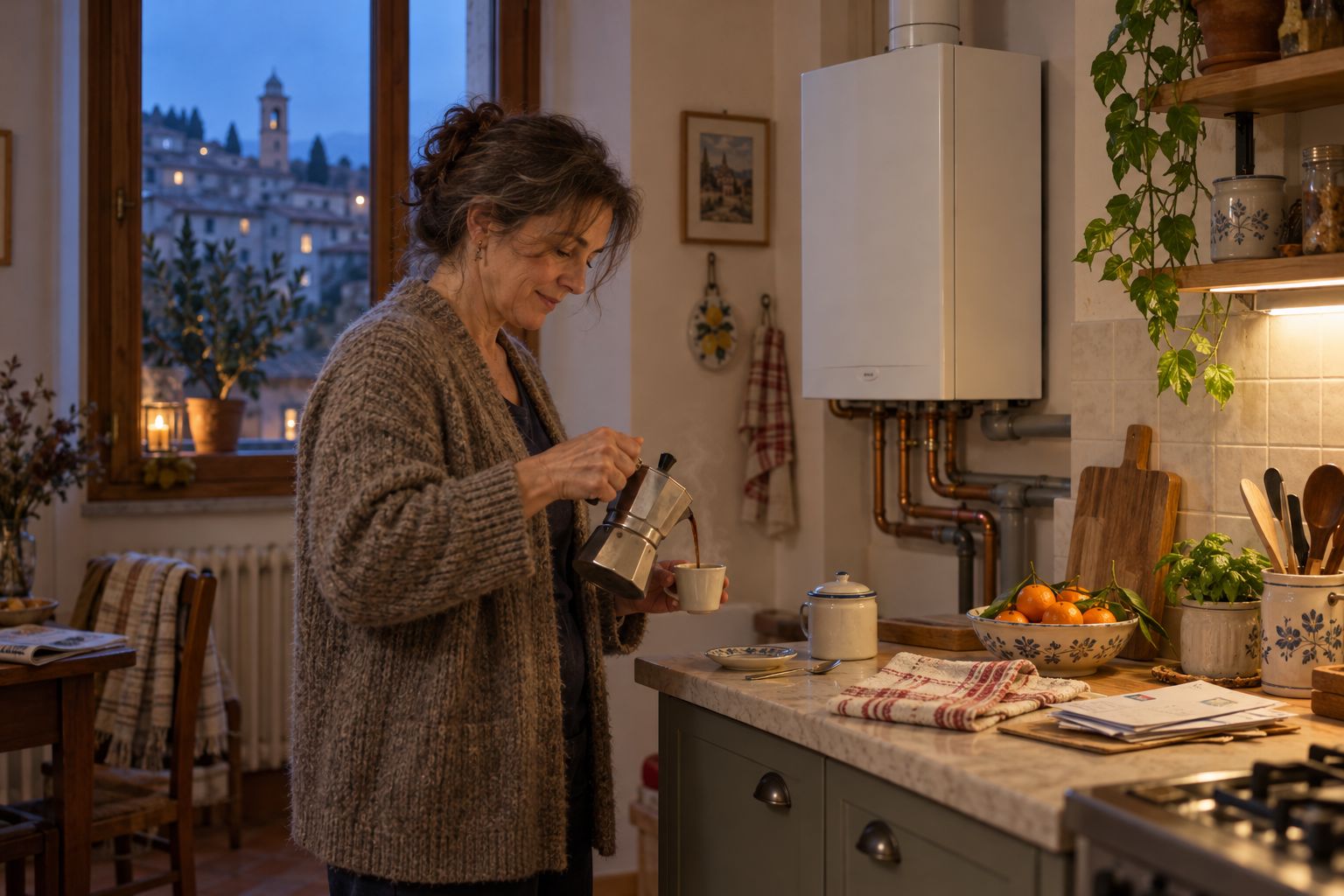 Cucina in una sera d'inverno con caldaia murale a condensazione accanto alla finestra