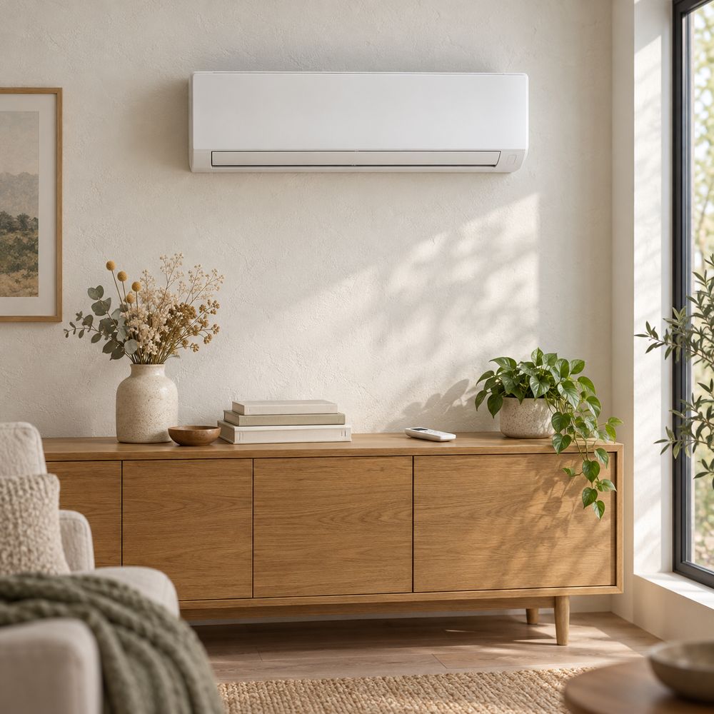 Climatizzatore monosplit bianco installato sopra una credenza in legno