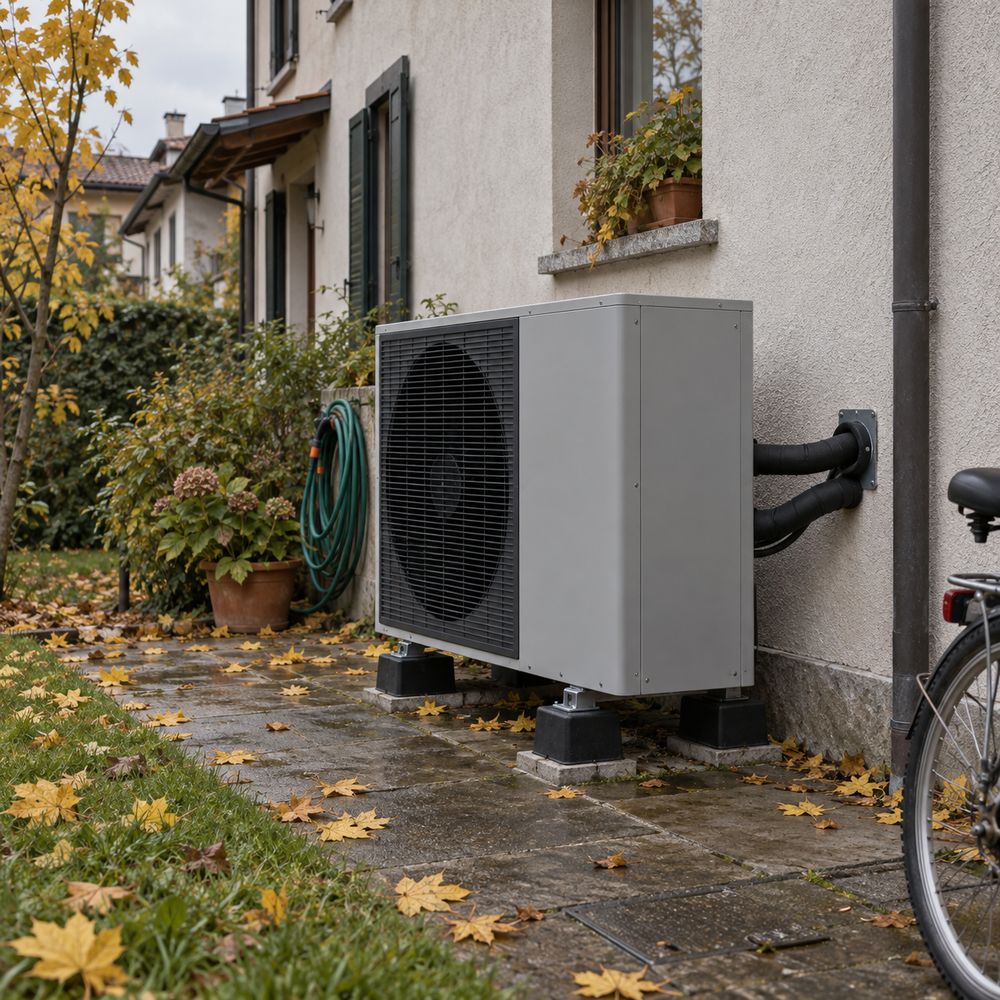 Pompa di calore monoblocco grigia appoggiata su piedini antivibranti accanto a una casa