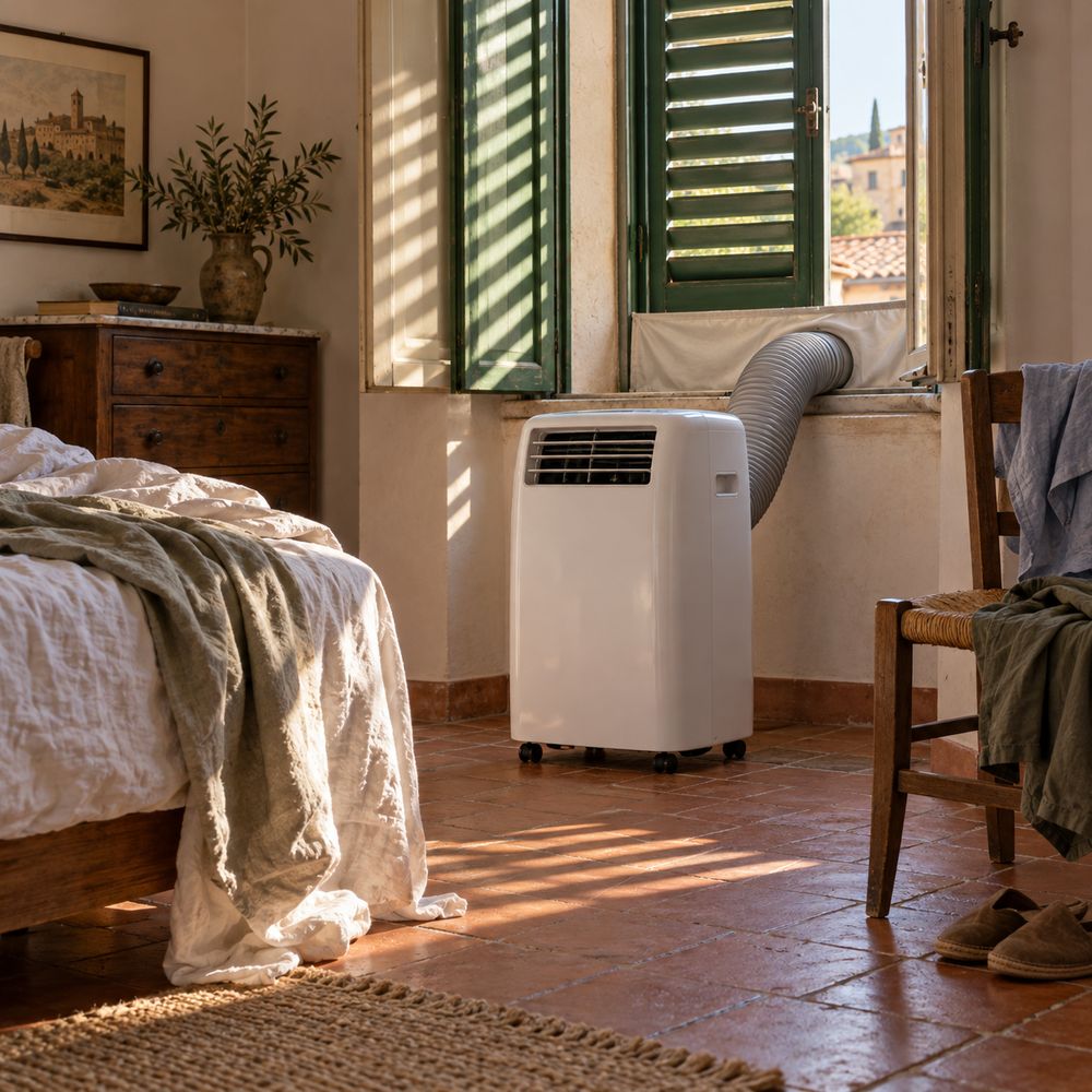 Climatizzatore portatile in camera da letto con tubo di scarico alla finestra