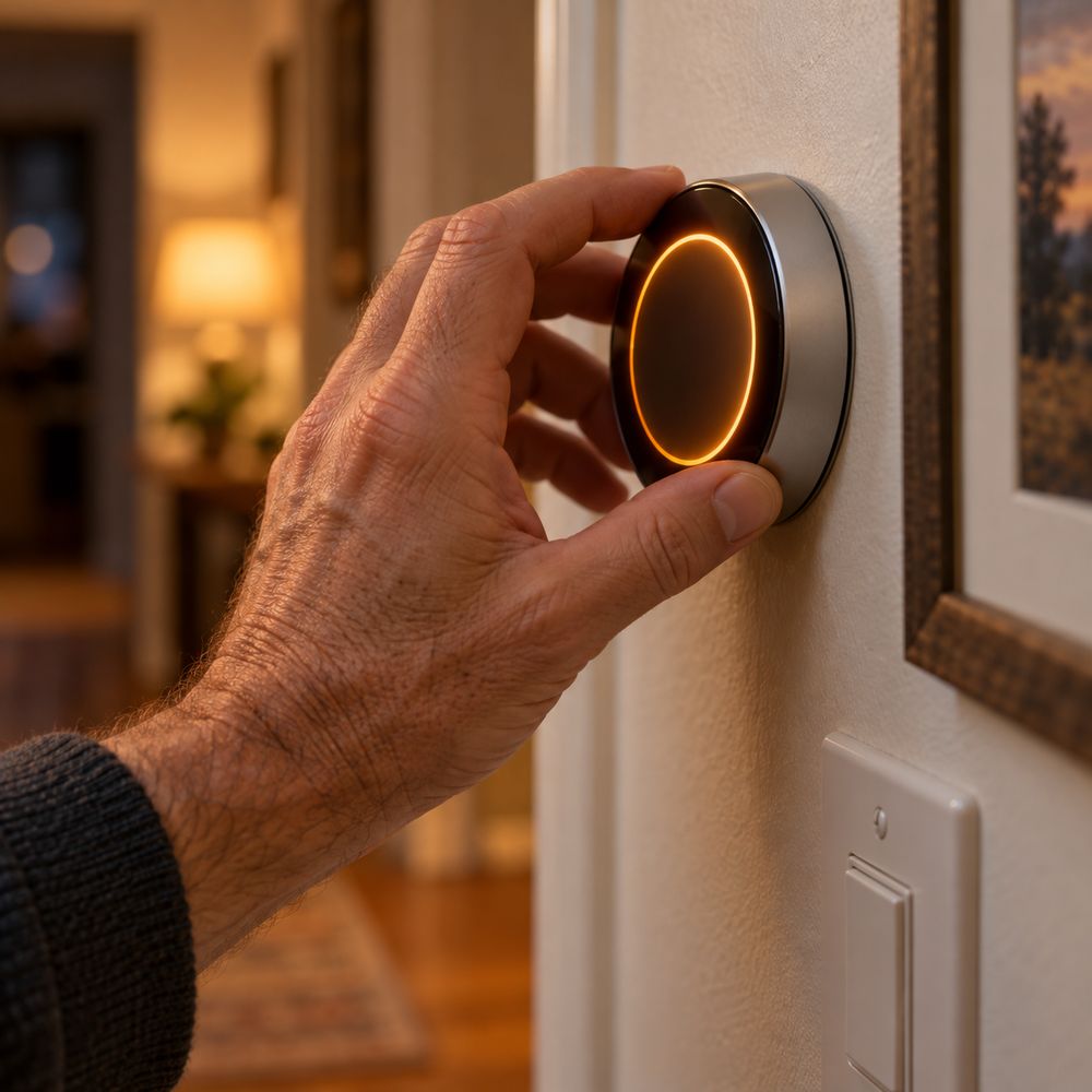 Mano che ruota un termostato smart rotondo con anello luminoso