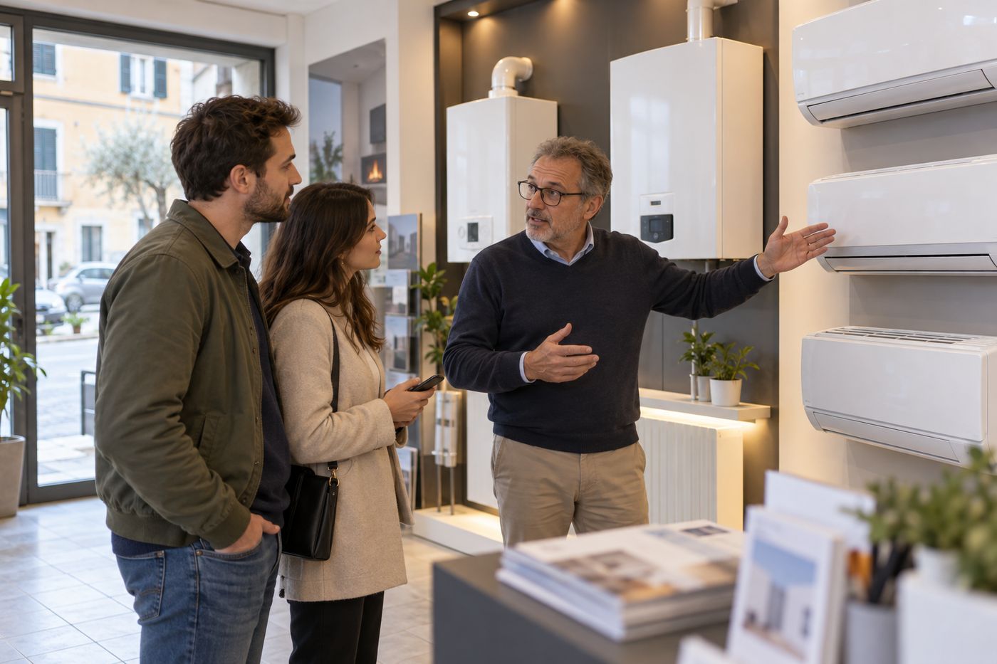 Consulente che mostra un climatizzatore a una giovane coppia nello showroom