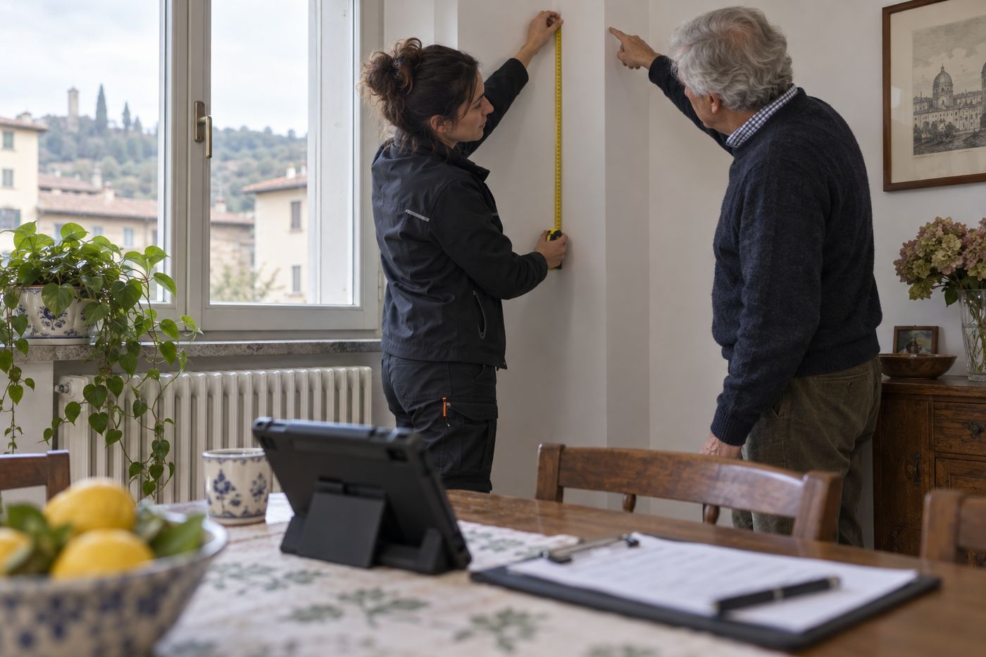 Consulente che misura la parete con il metro mentre il proprietario indica il punto dove installare lo split